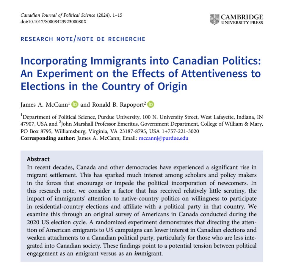 Congratulations to Dr. James McCann for his publication in the Canadian Journal of Political Science, 'Incorporating Immigrants into Canadian Politics: An Experiment on the Effects of Attentiveness to Elections in the Country of Origin' @CJPS_RCSP @PurdueLibArts