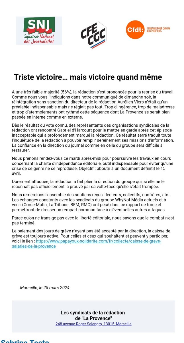 Reprise du travail à <a href="/laprovence/">La Provence</a> après la volte-face de la direction et la réintégration sans sanction du directeur de la rédaction ✌️ 

Le paiement des jours de grève n'ayant pas été accepté par la direction, la caisse de grève est toujours active ⬇️ 
papayoux-solidarite.com/fr/collecte/ca…