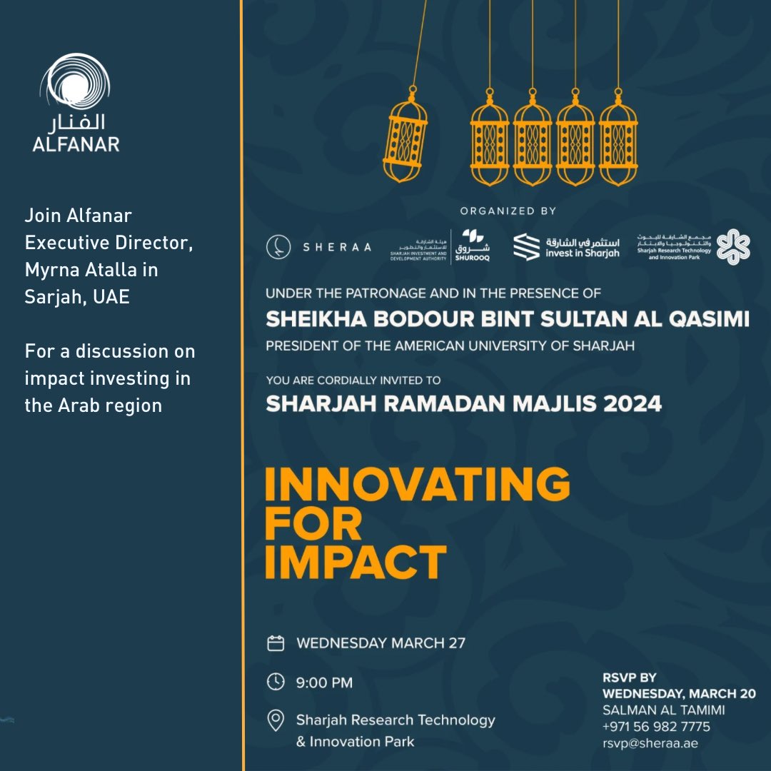 Join Alfanar Executive Director, Myrna Atalla, and a panel of experts this Wednesday in Sharjah, UAE for a discussion on how #impactinvesting can help support #innovativestartups in the Arab region, and the ecosystem that is necessary for their prosperity.