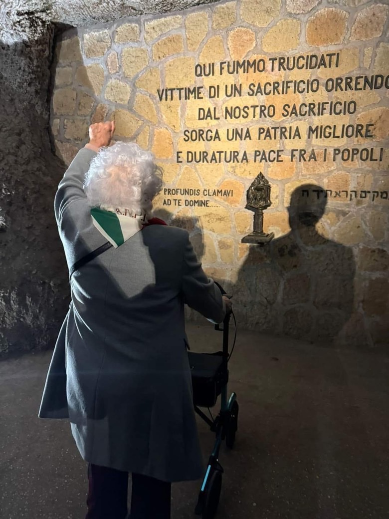 broderly's tweet photo. Eighty years ago, Luciana Romoli was a teenage courier carrying contraband for the GAP partisan units in occupied Rome. Yesterday, she raised her fist in tribute to the 335 antifascists and Jews murdered by Nazi-fascists at the Ardeatine caves on 24 March 1944 https://t.co/GQUJkK0B95