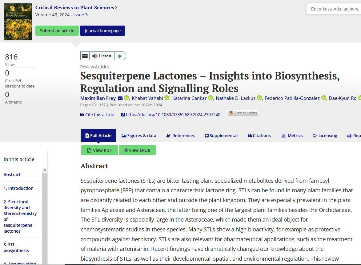 +++NewsTickerScience+++ IPB scientists + 🇳🇱 + 🇨🇦 partners published a review on sesquiterpene lactones. Biosynthesis +++ regulation +++ signaling function. 👀 buff.ly/43vxcok 👀 👀 buff.ly/3PA01KC @Maximilian20454 @trichomeIPB #bioactives 🌱 🌻