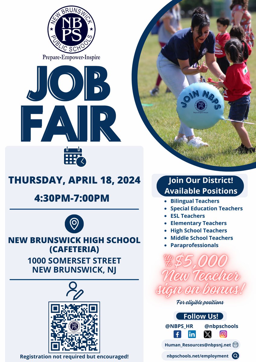 Are you looking for a new career opportunity in education? Mark your calendars for our next job fair on April 18, 2024 starting at 4:30pm!  #JoinNBPS #WeAreHiring #NJTeachers #NJeducators  #Allin4NB #NBPSLetsGo!