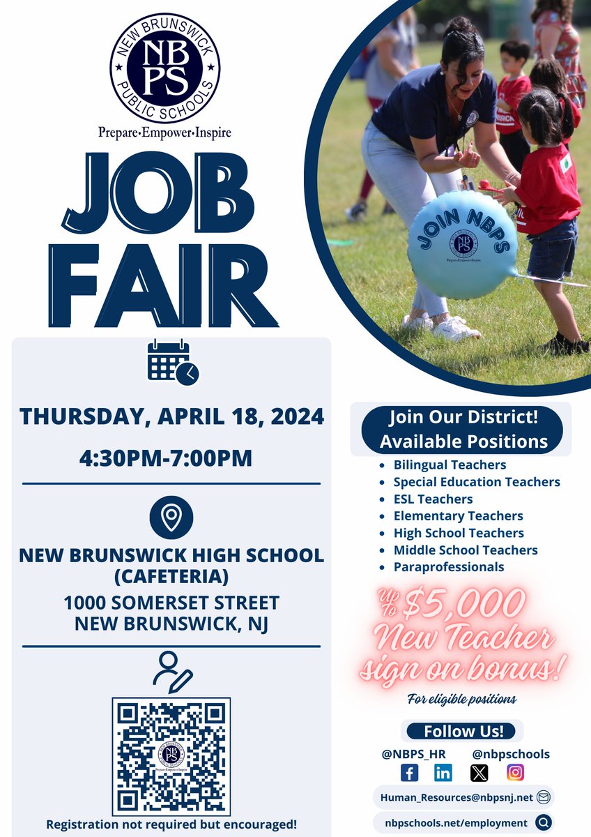 NBPS_HR's tweet photo. Are you looking for a new career opportunity in education? Mark your calendars for our next job fair on April 18, 2024 starting at 4:30pm! #JoinNBPS #WeAreHiring #NJTeachers #NJeducators #Allin4NB #NBPSLetsGo! https://t.co/FfWSsxwNdV