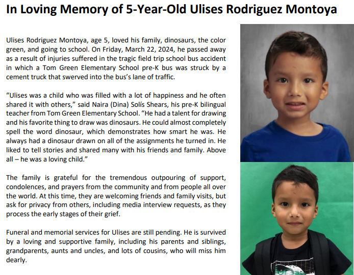 The @HaysCISD has released the name of the 5-year-old child killed in the school bus crash on Friday. Ulises loved his family and dinosaurs. His teacher said he could almost spell 'dinosaur,' 'which demonstrates how smart he was.' #atxschools