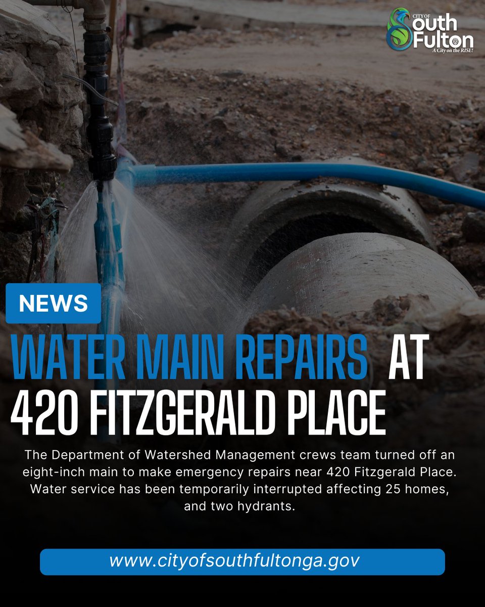 Atlanta Watershed crews turned off an eight-inch main to make emergency repairs near 420 Fitzgerald Place. Water service has been temporarily interrupted affecting 25 homes, and two hydrants. We will provide additional updates as more information becomes available.