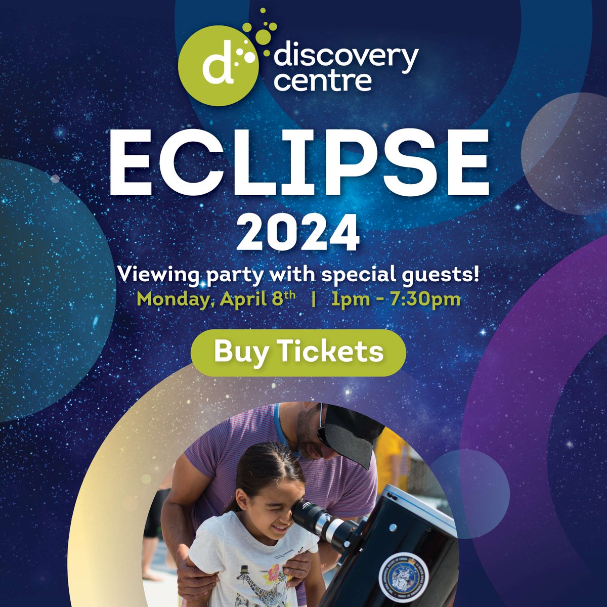 Experience the wonders of space at Discovery Centre's Solar Eclipse Event on April 8th! Witness the eclipse through solar telescopes and safe viewing practices, explore a galaxy of activities, visit thediscoverycentre.ca/eclipse-2024-v…
