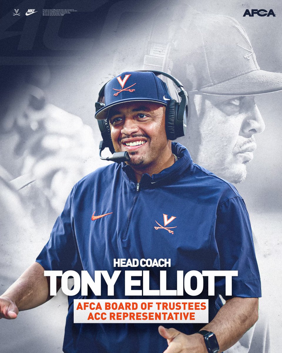 Head Coach Tony Elliott is one of six coaches elected to the Board of Trustees of the @WeAreAFCA to represent the ACC #UVAStrong | #GoHoos⚔️