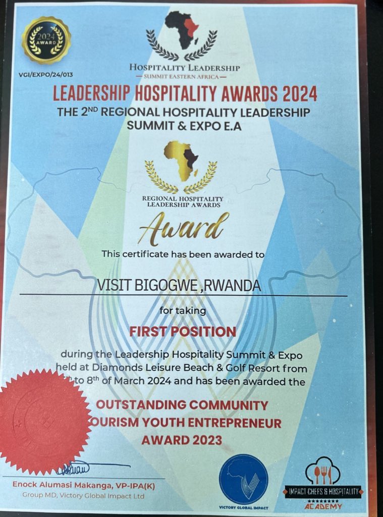 Uyu munsi mu izina rya Visit Bigogwe nishimiye gushikirizwa certificate y’ishimwe n’umuyobozi wa Rwanda chamber of tourism, twahawe na Hospitality leadership nka Outstanding community tourism youth entrepreneur award 2023 i Mombassa muri kenya. @Visit_Bigogwe ikaba yarabaye…