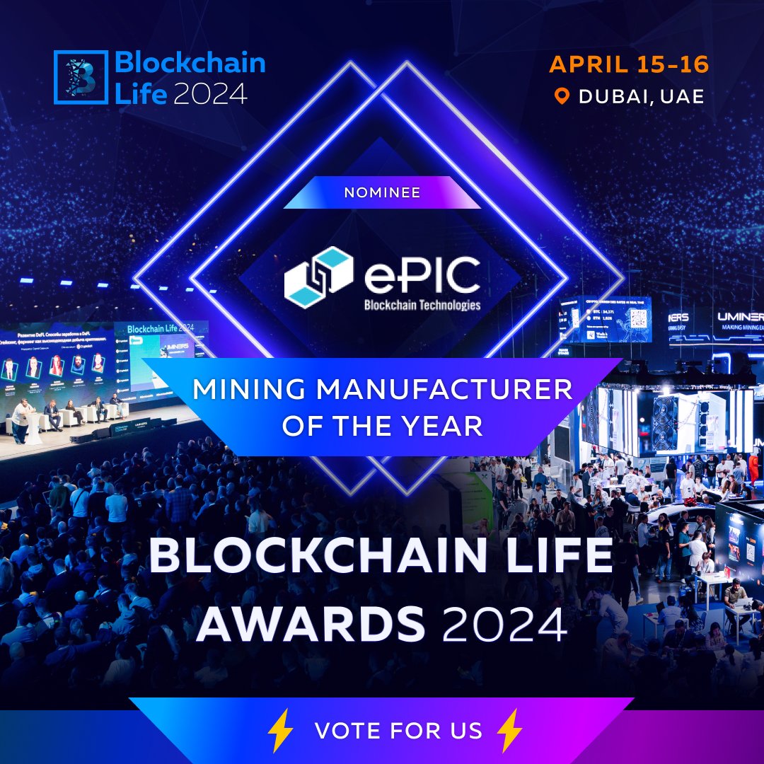 ePICBlockchain's tweet photo. ๐ Thrilled to announce ePIC Blockchain is up for 'Mining Manufacturer of the Year' at Blockchain Life 2024! ๐ A nod to our ongoing efforts to build the best mining hardware. Voting kicks off March 29th, midnight (Dubai time). Your support means the world to us! Details: https://t.co/w3yFC7sbq5 Let's win this! ๐ช #ePICBlockchain #MiningManufacturerOfTheYear #blockchainlife2024