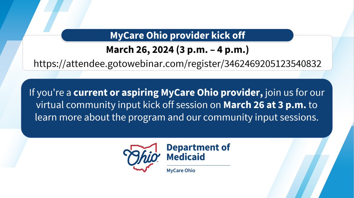 If you're a current or aspiring MyCare Ohio provider, join us for our virtual community input kick off session on March 26 at 3 p.m. to learn more about the program and our community input sessions. attendee.gotowebinar.com/register/34624…