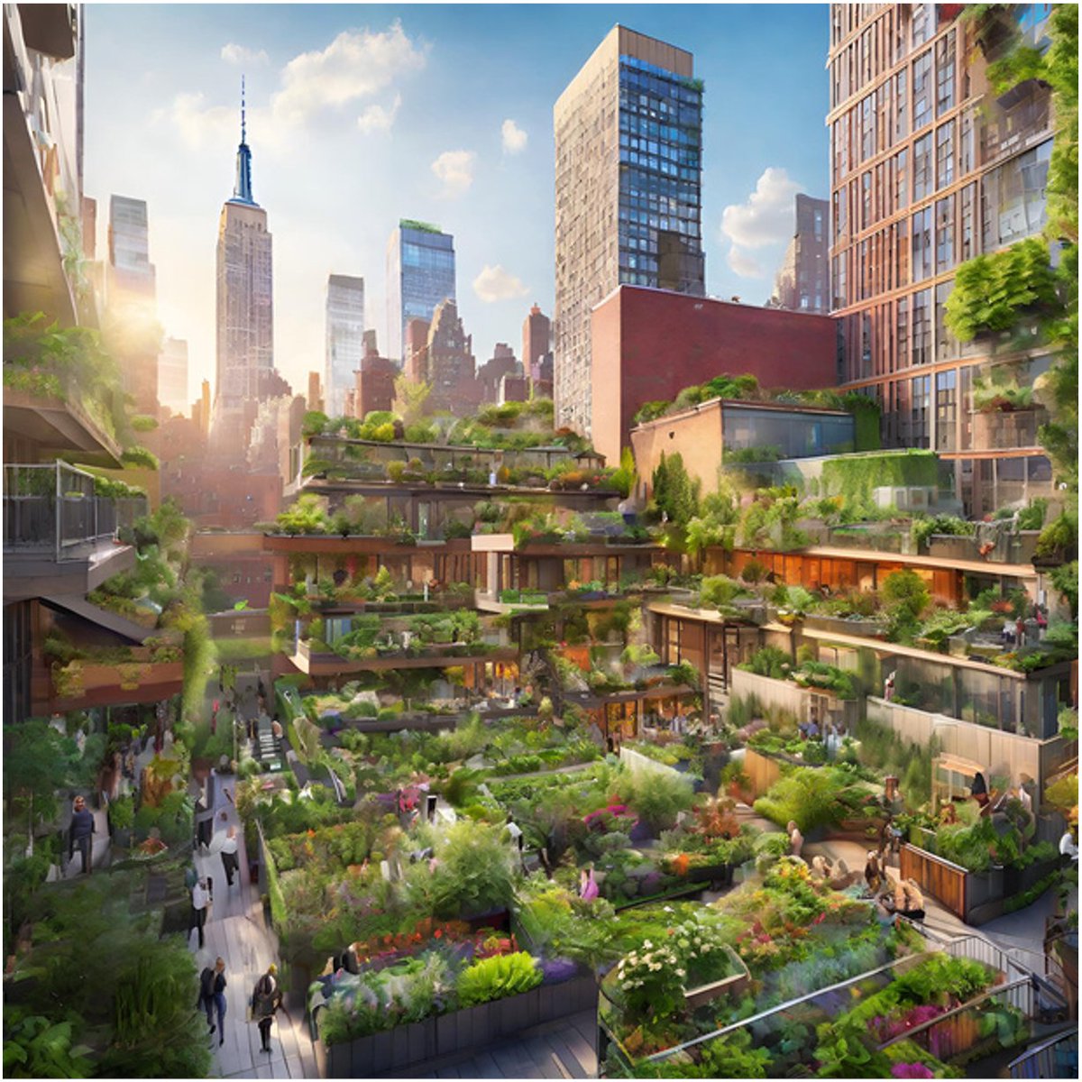 Using #AI & @canva this is how I imagine a sustainable NYC will look. Lush micro gardens, biophilic architecture, rooftop farms, clean transit, air, & water. People, plants, & wildlife live side-by-side-by-side. #Sustainability #storytelling #biomimicry #design