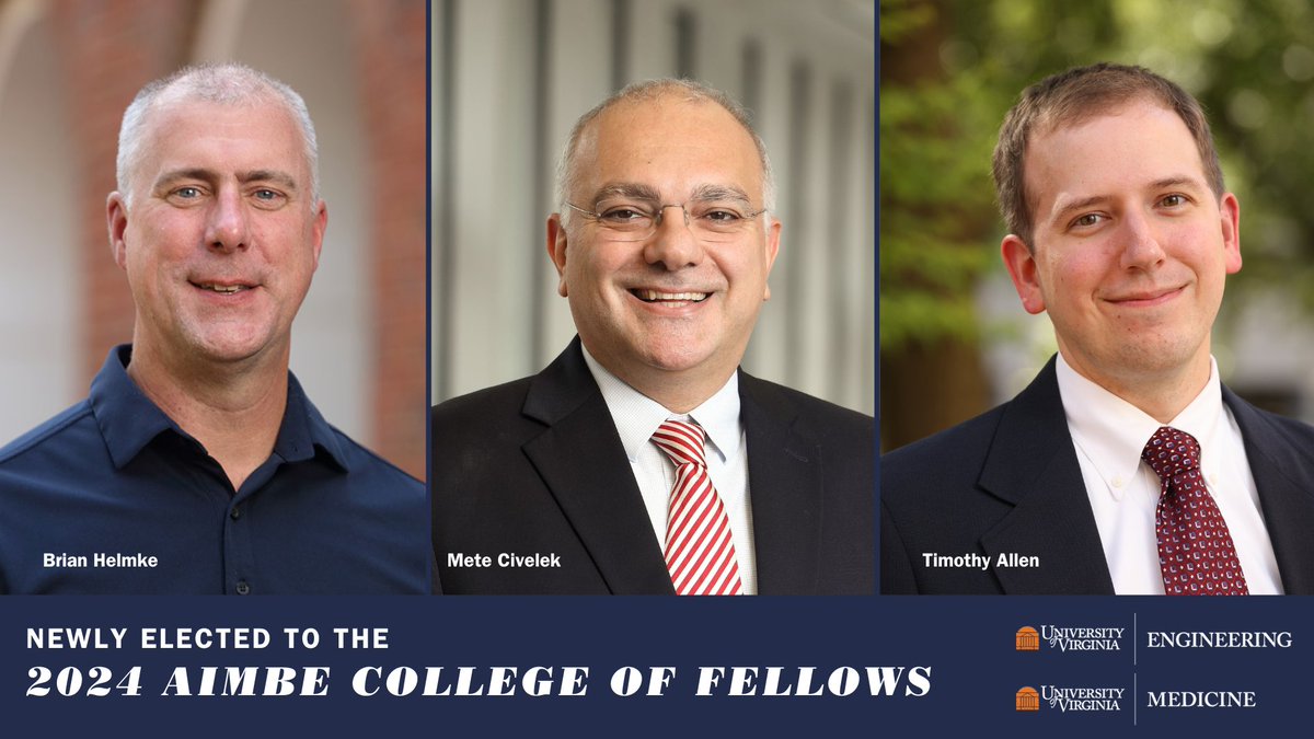 Today THREE @UVABME faculty were inducted into the American Institute for Medical and Biological Engineering College of Fellows 📣📣📣Brian Helmke, @mete_civelek and Timothy Allen! #wahoowa @UVAEngineers @uvahealthnews