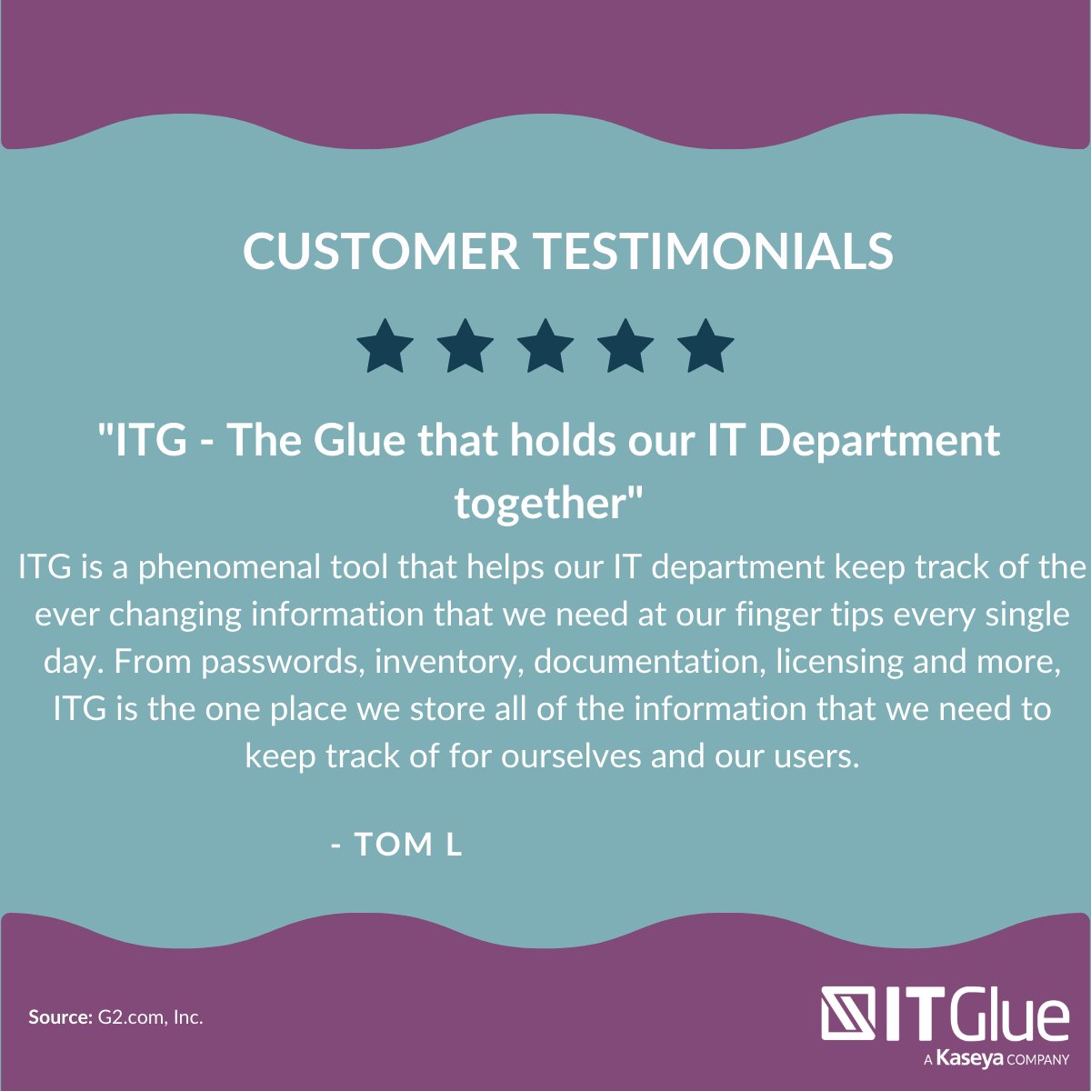 'ITG - The Glue that holds our IT Department together' -Tom L @g2 reviewer Discover the power of IT Glue: bit.ly/49SvOy7 #CustomerTestimonial
