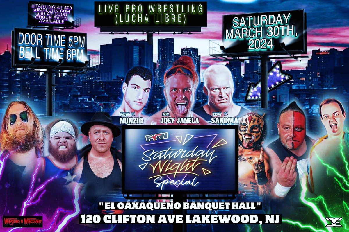 This Saturday!!!!!! Reserve your seats today For March 30 FYW Live Pro Wrestling (Lucha Libre) Saturday Night Special!! Lakewood NJ Doors 5pm Bell 6pm Tickets- simpletix.com/e/fyw-pro-wres…?