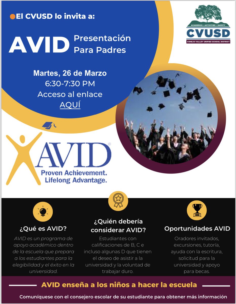 Tomorrow, learn about AVID and how it can help your student be college ready!  | ¡Mañana aprenda que es AVID y ayude a su estudiante para la universidad! <a href="/ThousandOaksHS/">Thousand Oaks HS</a> @ewbergmann <a href="/DoliveriCVUSD/">Danielle Oliveri</a>