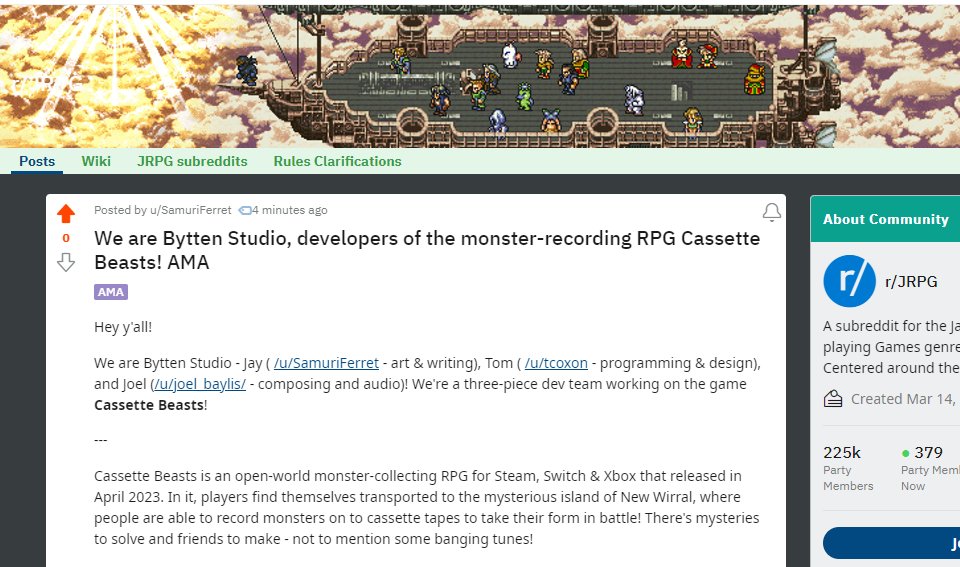 We're hosting a Cassette Beasts-themed AMA on the /r/JRPG subreddit! Come on by and ask us all your ~deep lore~ questions! reddit.com/r/JRPG/comment…