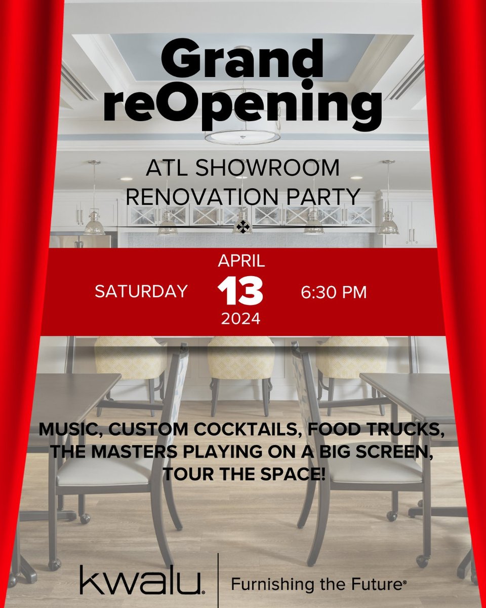 Join <a href="/kwalu/">Kwalu</a> for the Grand Reopening of their ATL Showroom for our #EFAcon Community Tour T02 on Saturday, April 13, 2024 from 6:00 PM until 9:30 PM. 

There will be music, food trucks, the Masters on the big screen, and a tour of the new renovated space: bit.ly/43dN92z