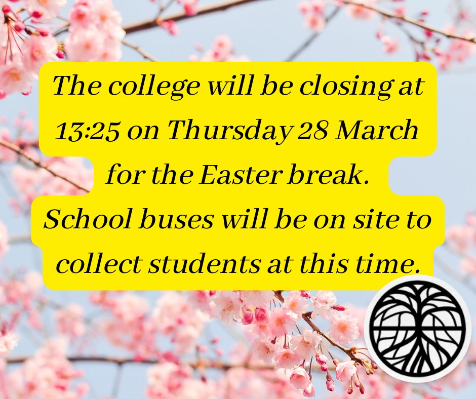 Please be aware that on Thursday 28 March the college will be closing at 13:25.