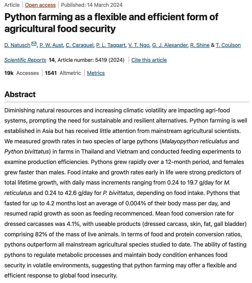 It's wild how many sustainability scholars think finding more 'efficient' animals to factory farm is a solution. The newest victims are pythons. They each endure 1-1.5 years in a crowded tank. But apparently they have a good feed conversion rate. nature.com/articles/s4159…