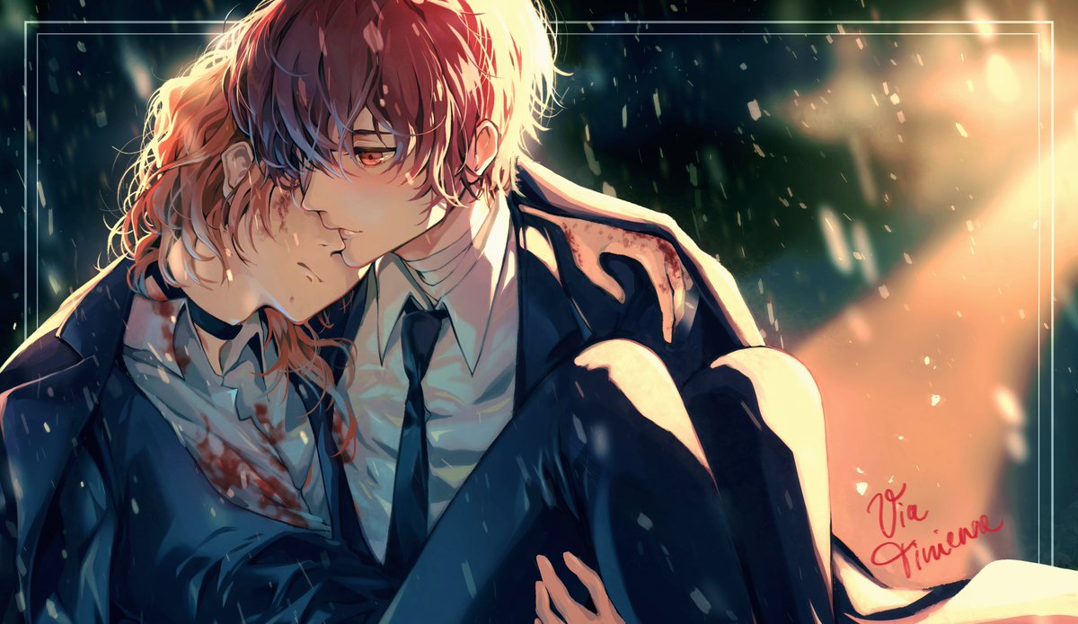 Via_Tinienne's tweet photo. For @TatasenkoMana 

This is the suggestion you gave me to do. 

Saved in his arms.
It's the scene after Chuuya used Corruption.
Stormbringer SKK.

I still need practise in lighting.

#双黑 #skk #bsd #dachuu #文豪ストレイドッグス https://t.co/CmtGEN1qtW