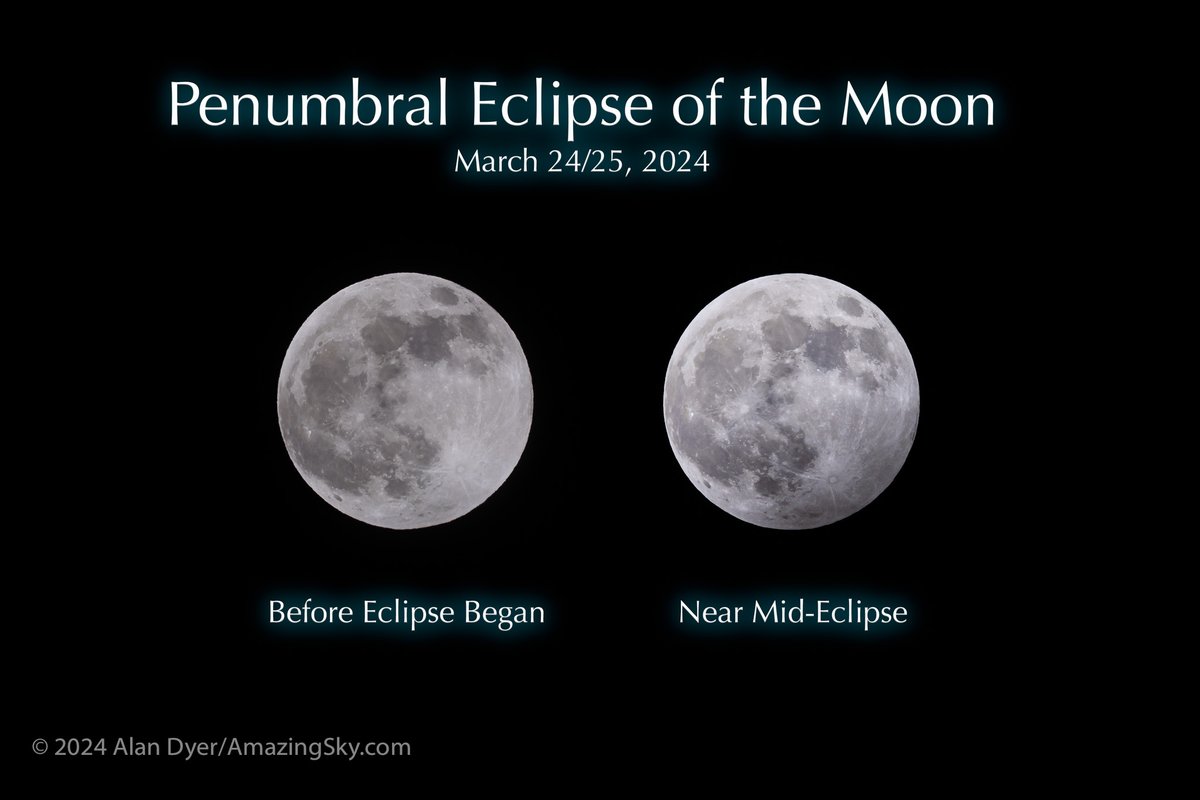 The penumbral lunar eclipse of March 24/25, 2024, such as it was! It takes a comparison of before and during the eclipse to show the minor level of darkening of the Moon by the penumbra, with the southern portion of the disk most deeply immersed in the shadow at this eclipse.