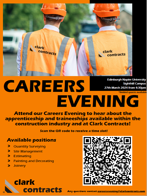 🗣️Interested in a career in construction? @clark_contracts are hosting a careers event at Edinburgh Napier University on Wednesday the 27th of March 🏗️ ➡️Scan the QR code to receive a time slot or click here: shorturl.at/qHVW2