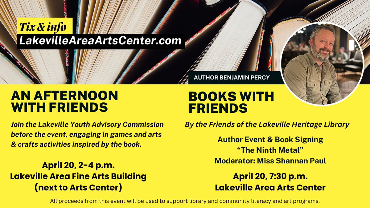 Two fun events coming up on April 20! This year's read is "The Ninth Metal." Join the Friends of the Lakeville Heritage Library for an author night. Before the event, the Youth Advisory Commission is holding a fun event from 2-4 p.m. Tix: LakevilleAreaArtsCenter.com
