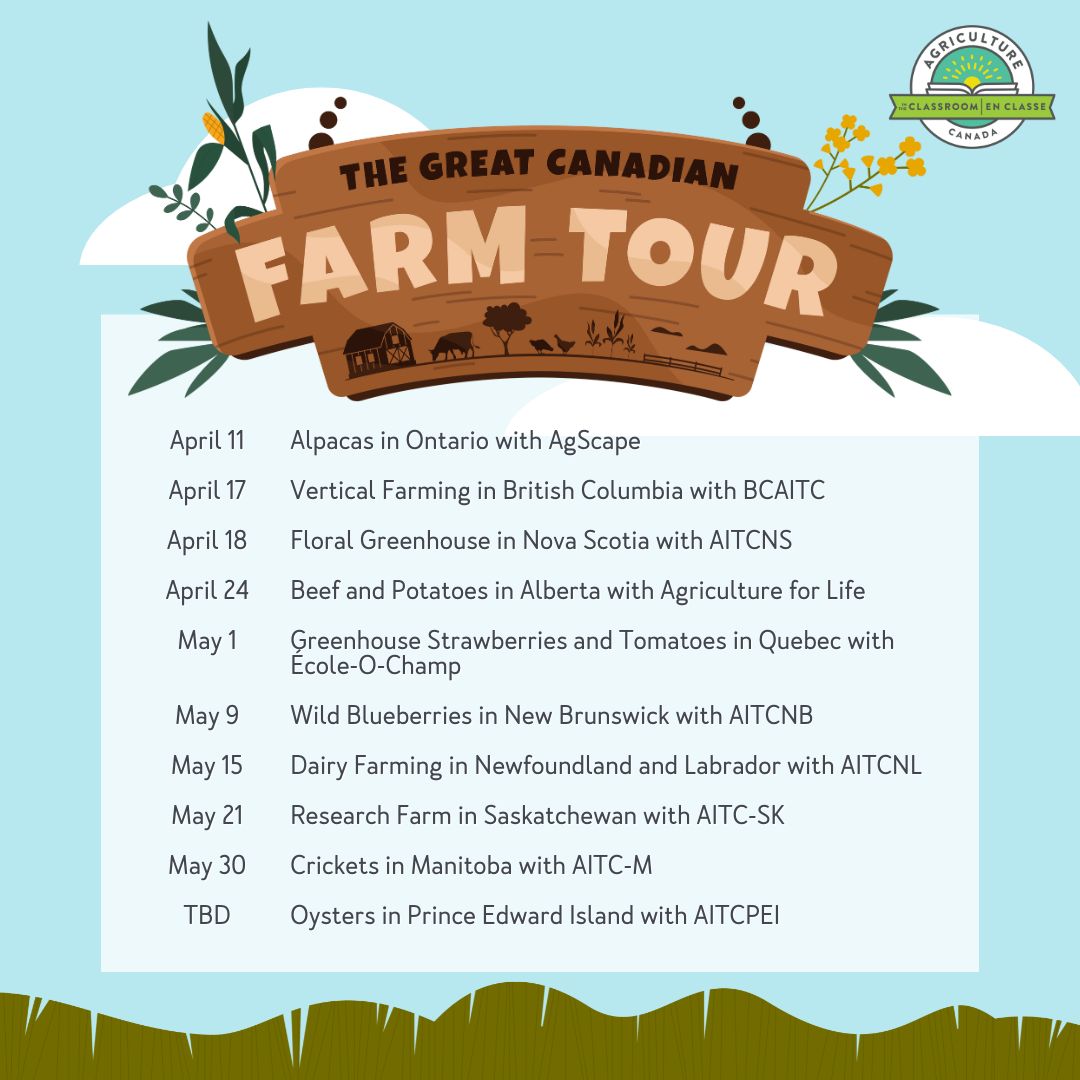 Get ready for Season 3 of the Great Canadian Farm Tour! Join AITC-C and our provincial members as we make 10 virtual stops at farms and growing facilities across Canada starting on April 11. Along the way, K-Grade 6 students will learn about crickets, oysters, vertical farming…