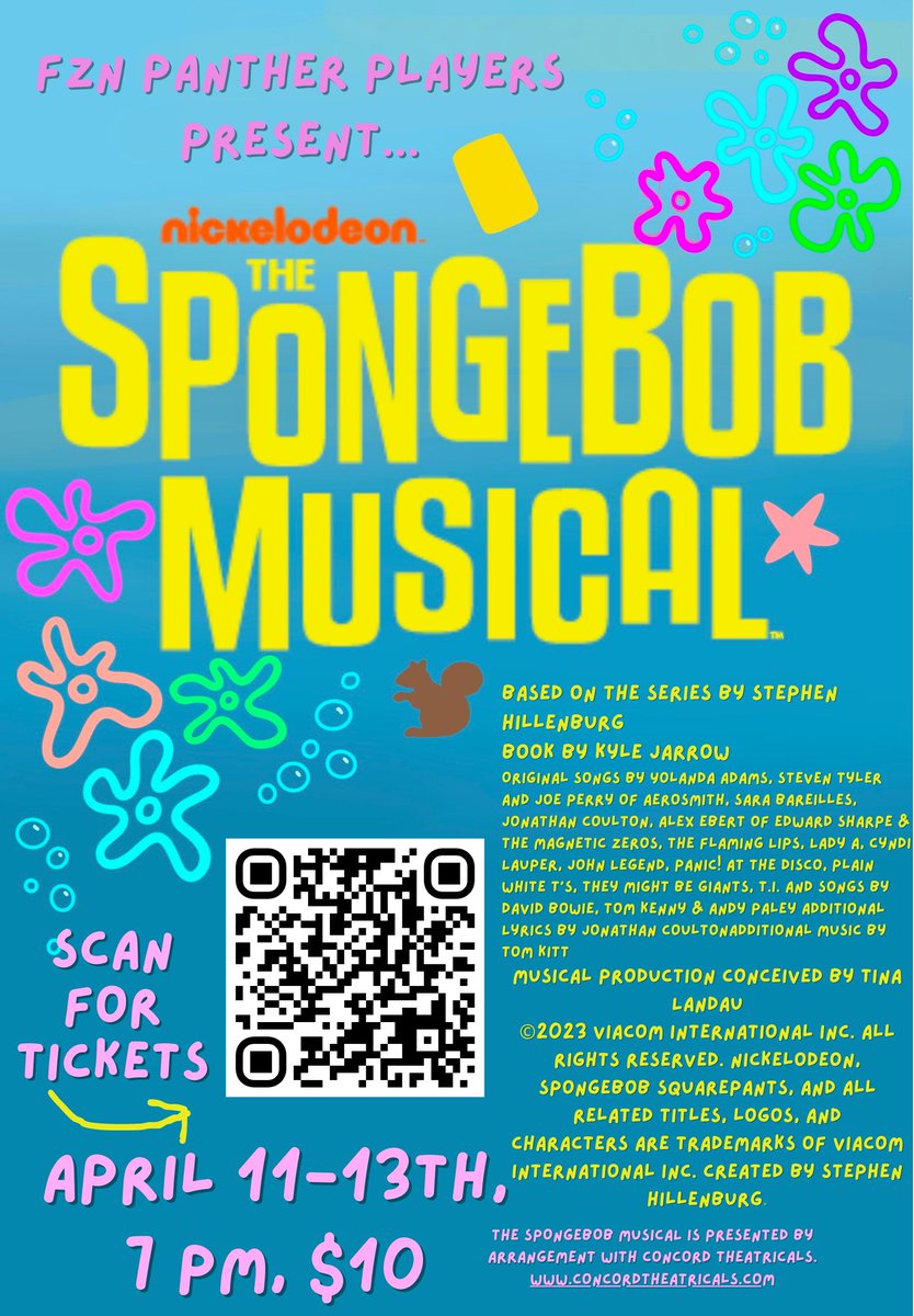 Tickets are on sale now! Use the QR code or go to this link: fznpantherplayers.ludus.com to get tickets for "The SpongeBob Musical!" Coming April 11-13!
<a href="/FZN_Panthers/">FZN_Panthers</a> 
<a href="/fznactivities/">FZN Activities</a>