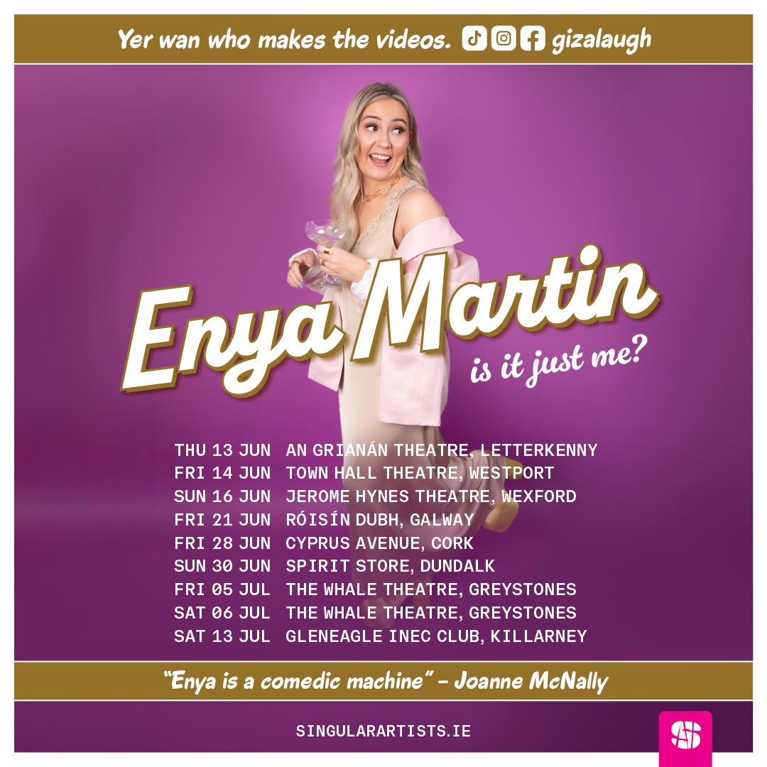Following her sold-out show at Vicar Street, Enya Martin (@Gizalaughnew) brings her new show ‘Is It Just Me?’ across Ireland this June. Join Enya in Róisín Dubh on Fri 21 June. Tickets on sale now: roisindubh.net/listings/enya-…