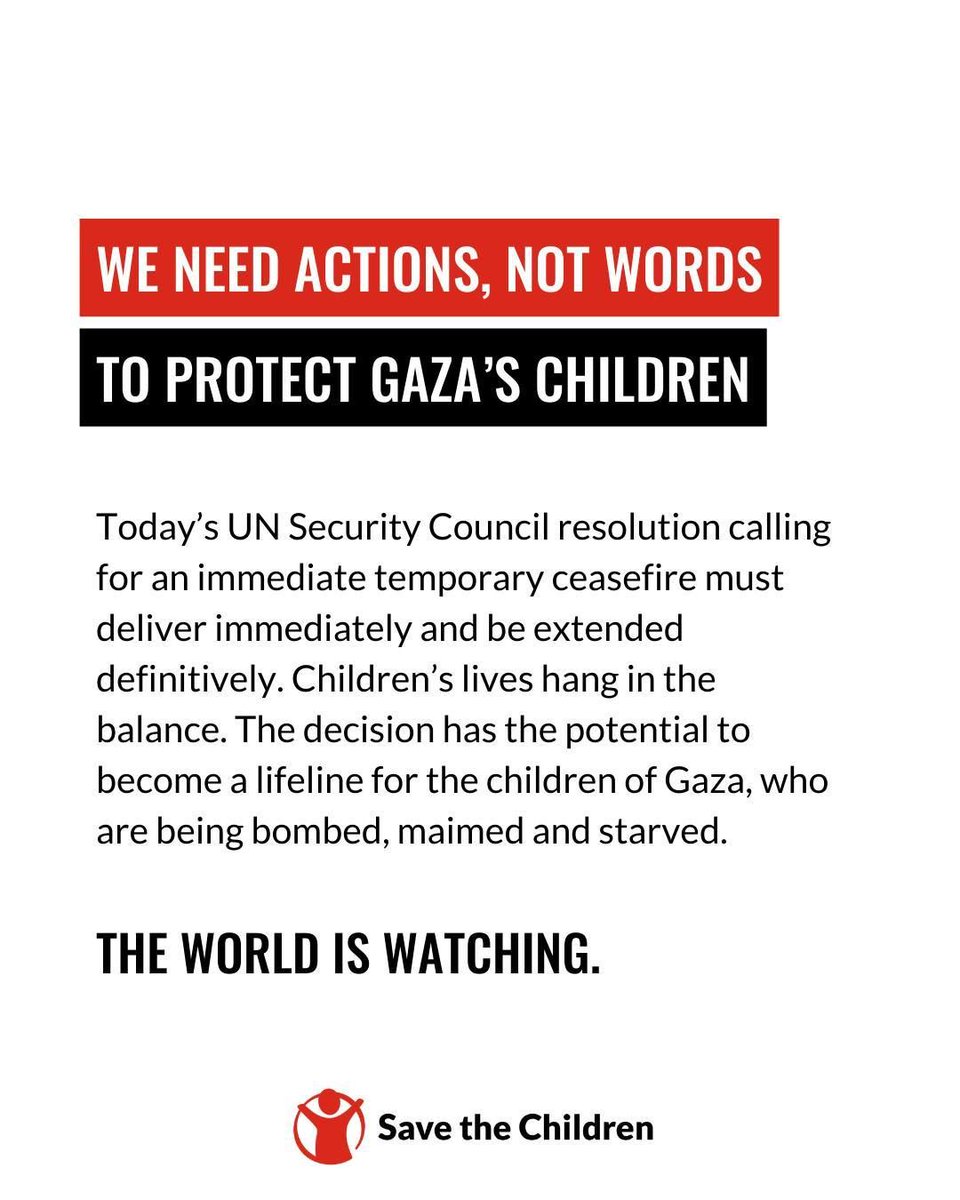 More than 1 million children trapped in Gaza have been granted hope of a brief respite following the UN Security Council’s vote to pass a temporary ceasefire resolution. However, it needs to be implemented immediately and sustained definitively to protect children. #CeasefireNOW