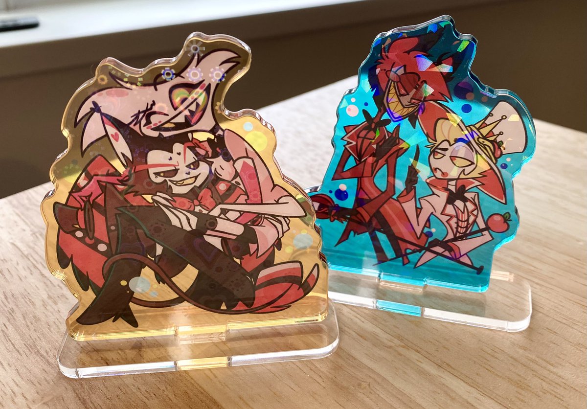Just realized I never posted these!! 

They’re standees now! They’re up for pre-order now!~
cabooose.storenvy.com

#HazbinHotel #huskerdust #appleradio #angeldust #husk #lucifer #alastor