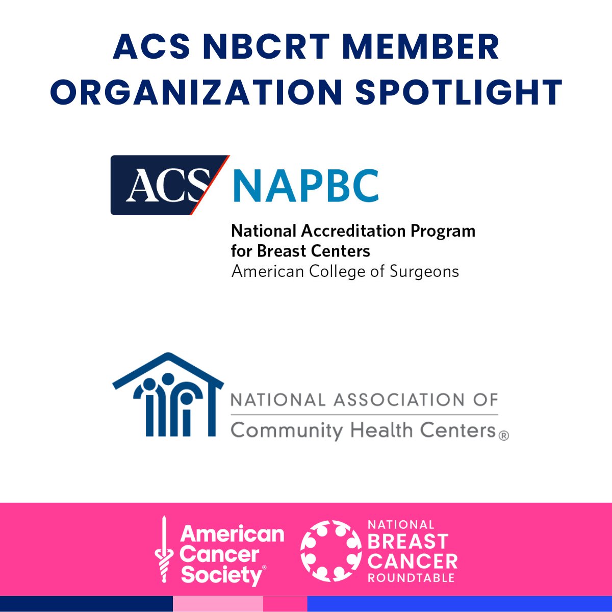 Two organizations take the stage in today's ACS NBCRT member organization spotlight: the National Accreditation Program for Breast Centers and the National Association of Community Health Centers (NACHC). Thank you for your commitment to the ACS NBCRT!