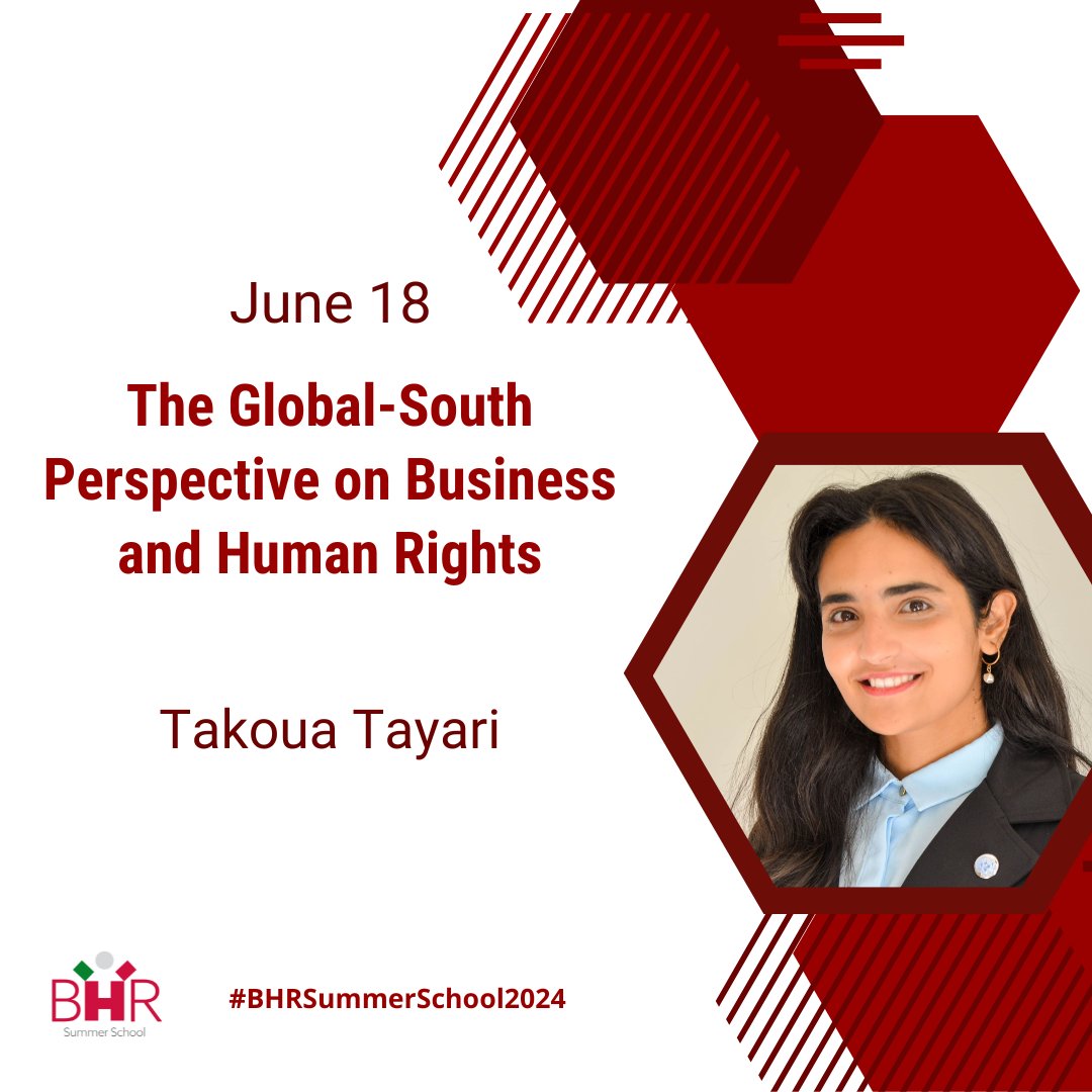 Applications for our #BHRSummerSchool2024 are still open! Today we are very happy to introduce you Takoua Tayari who will join the Summer School on June 18th to talk about the #GlobalSouthperspective on #BHR. bhrsummerschool.com