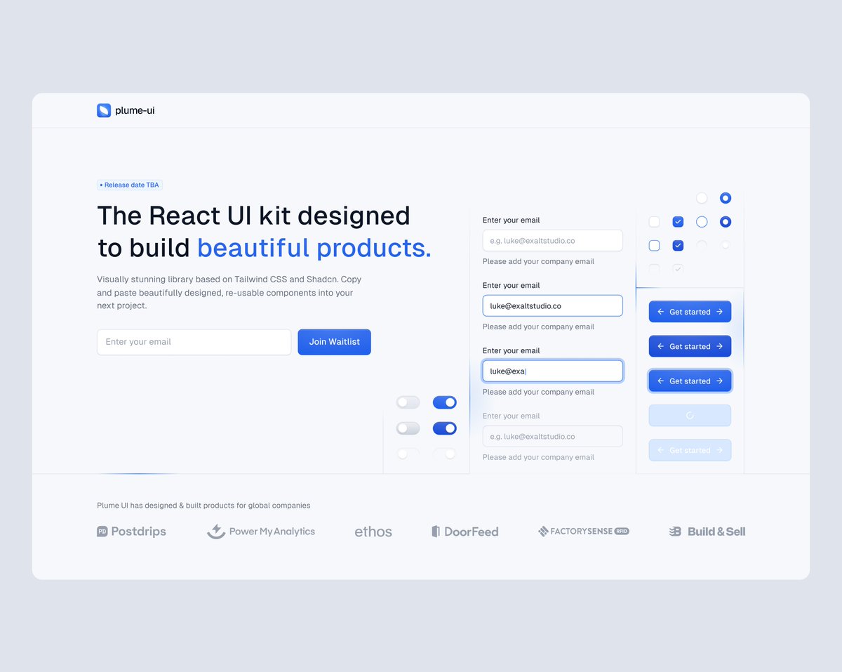 PlumeUI waitlist is LIVE. Build beautiful React applications FASTER. Sign up for the waitlist below 👇 plumeui.com