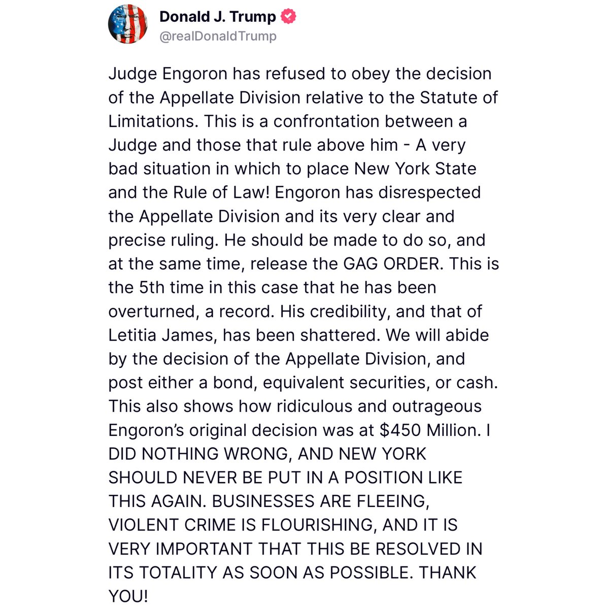 Today marks the 5th time Judge Engoron has been overruled in the Joe Biden-directed hoax brought against President Trump and his family by corrupt New York Attorney General Letitia James. Judge Engoron arbitrarily ruled that the world class Mar-a-Lago Club, which sits on the…