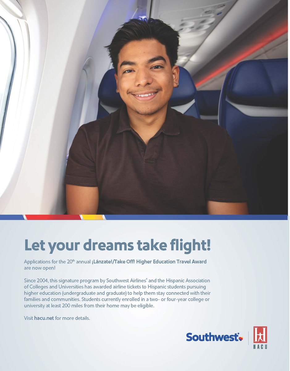 Apply now for the 20th Annual ¡Lánzate! / Take Off! Travel Award Program! HACU and @SouthwestAir will award round trip flights to Hispanic #undergraduate and #graduate #students pursuing higher education 200+ miles from home to pursue higher #education.⬇️ bit.ly/4apSA0A