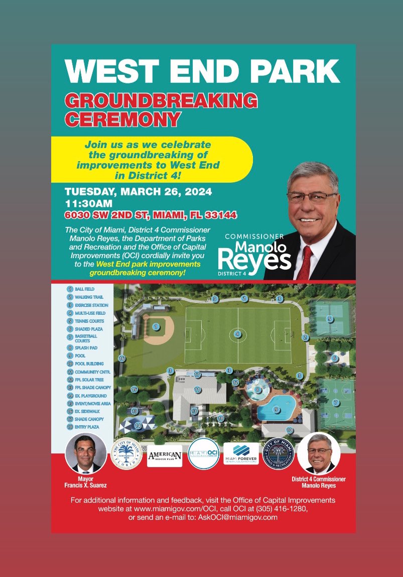 Join me tomorrow, at 11:30am as we break ground on the new pool and park enhancements at West End Park. #MiamiD4 #Manolo4OneMiami Acompáñame mañana a las 11:30am, para la iniciación de la construcción de la nueva piscina y mejoras al parque West End.