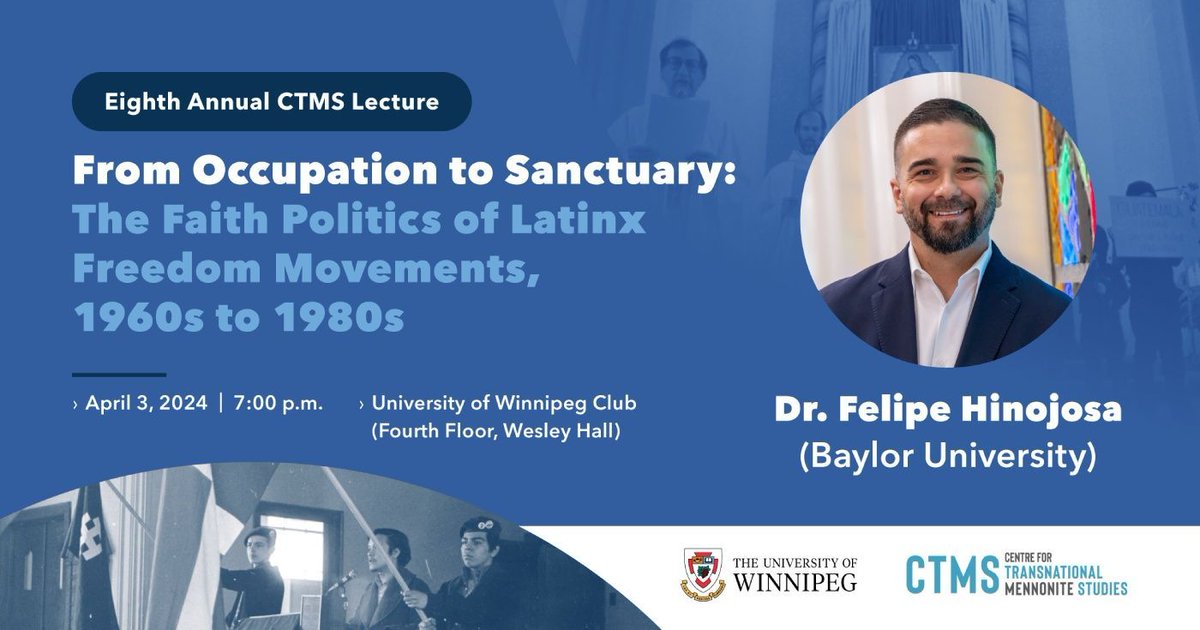 Dr. Felipe Hinojosa (Baylor University) will deliver the eighth annual @CTMStudies Lecture on Wednesday, April 3 from 7 to 9 p.m. in the University Club. A livestream is also available. REGISTER ➡️ buff.ly/3x1R5XZ