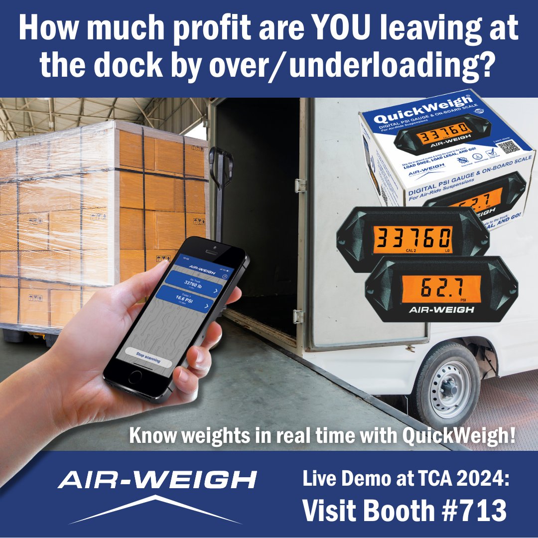 Last chance at #TCA2024 today during exhibit hours for a hands-on demonstration of our QuickWeigh®, iWeigh® and LoadMaxx scales. Stop by booth #713 to discover how on-board scales for your fleet prevent over/underloading caused by load weight guesswork. #AirWeigh #Trucking