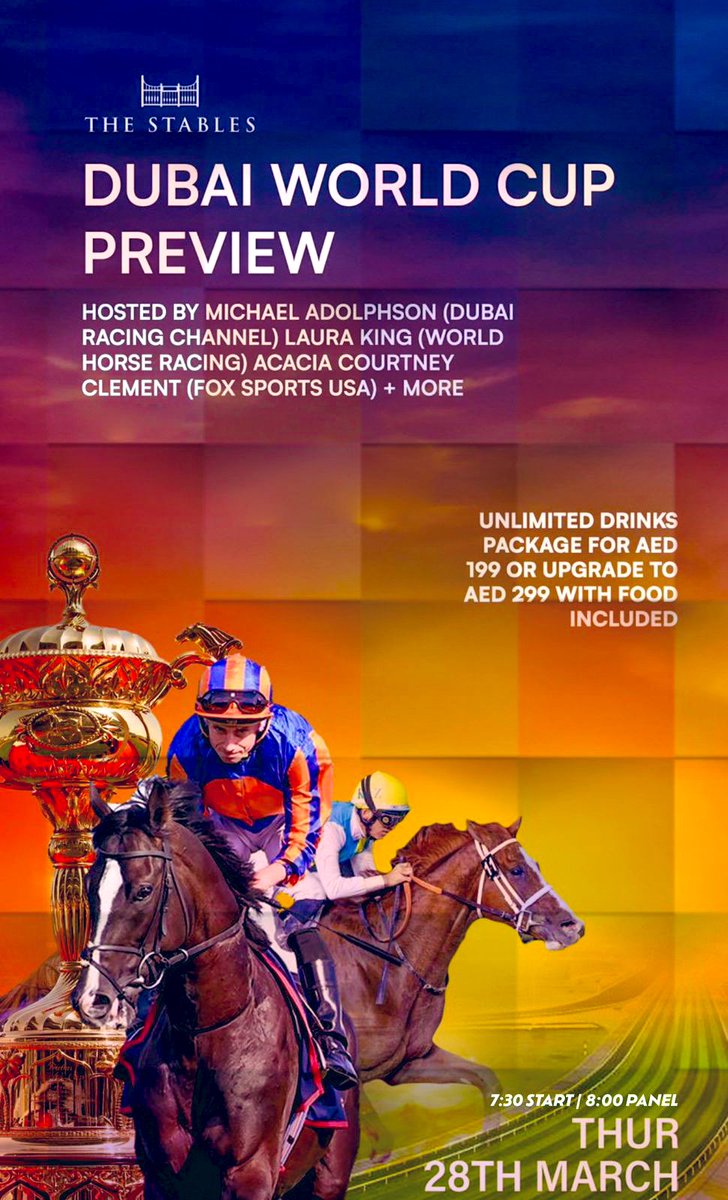 Dubai World Cup Preview night hosted by @AdolphsonRacing and @LauraKingDXB this Thursday at The Stables bar. Unlimited drinks package only AED 199! Come along at 7.30pm. All welcome! @sibbers85 #DubaiWorldCup 🏇🇦🇪🍻