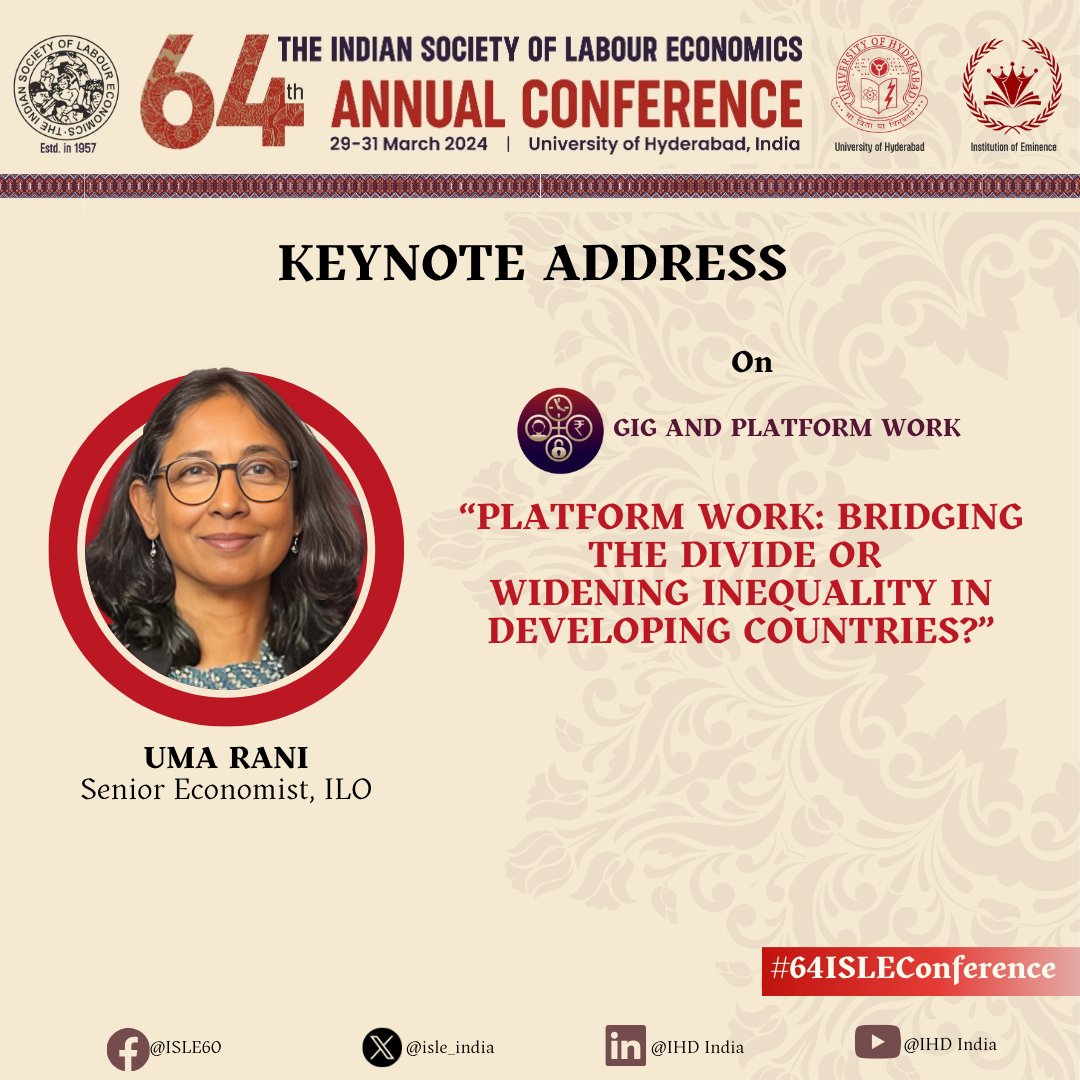 isle_india's tweet photo. Plenary Session 1 on 29 March presents keynote papers on critical themes: Gig & Platform Work by Uma Rani, @ilo Geneva; Growth & Employment by K. P. Kannan, @CdsTrivandrum; and Care Economy and Labour Market by İpek İlkkaracan, @itu1773 @HydUniv
#64ISLEConference #KeynoteSessions https://t.co/hSNOBfvQIP