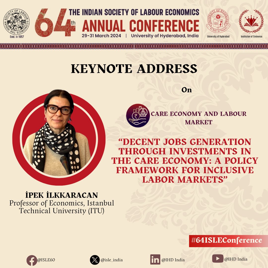 isle_india's tweet photo. Plenary Session 1 on 29 March presents keynote papers on critical themes: Gig & Platform Work by Uma Rani, @ilo Geneva; Growth & Employment by K. P. Kannan, @CdsTrivandrum; and Care Economy and Labour Market by İpek İlkkaracan, @itu1773 @HydUniv
#64ISLEConference #KeynoteSessions https://t.co/hSNOBfvQIP