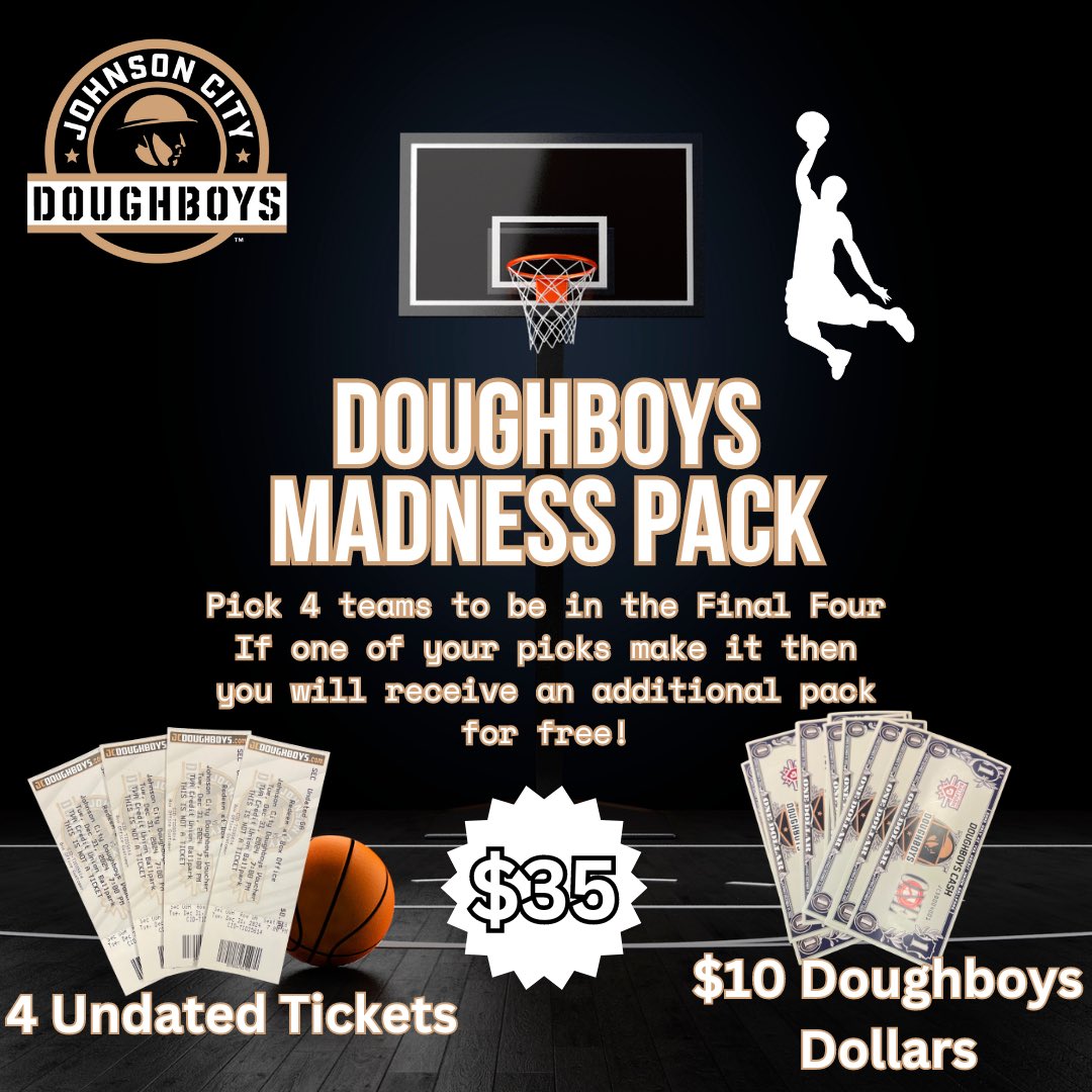 Score big with the Doughboys Madness Pack! 1. Purchase the Doughboys Madness Pack! 2. Someone from our office will call you to take down your four picks! 3. If you pick 1 out of 4 correctly, you will receive an additional Madness Pack on us! ticketreturn.com/prod2new/team.…