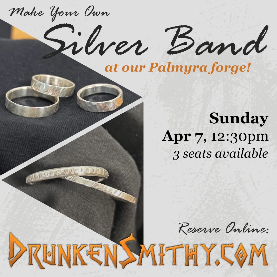 Our Silver Band workshop on April 7 is the last ring workshop with spots still available that will be held in our Palmyra location. Beginning in May, all of our Silver Band workshops will be held in Lebanon.

Book your reservation: drunkensmithy.com/event-calendar/