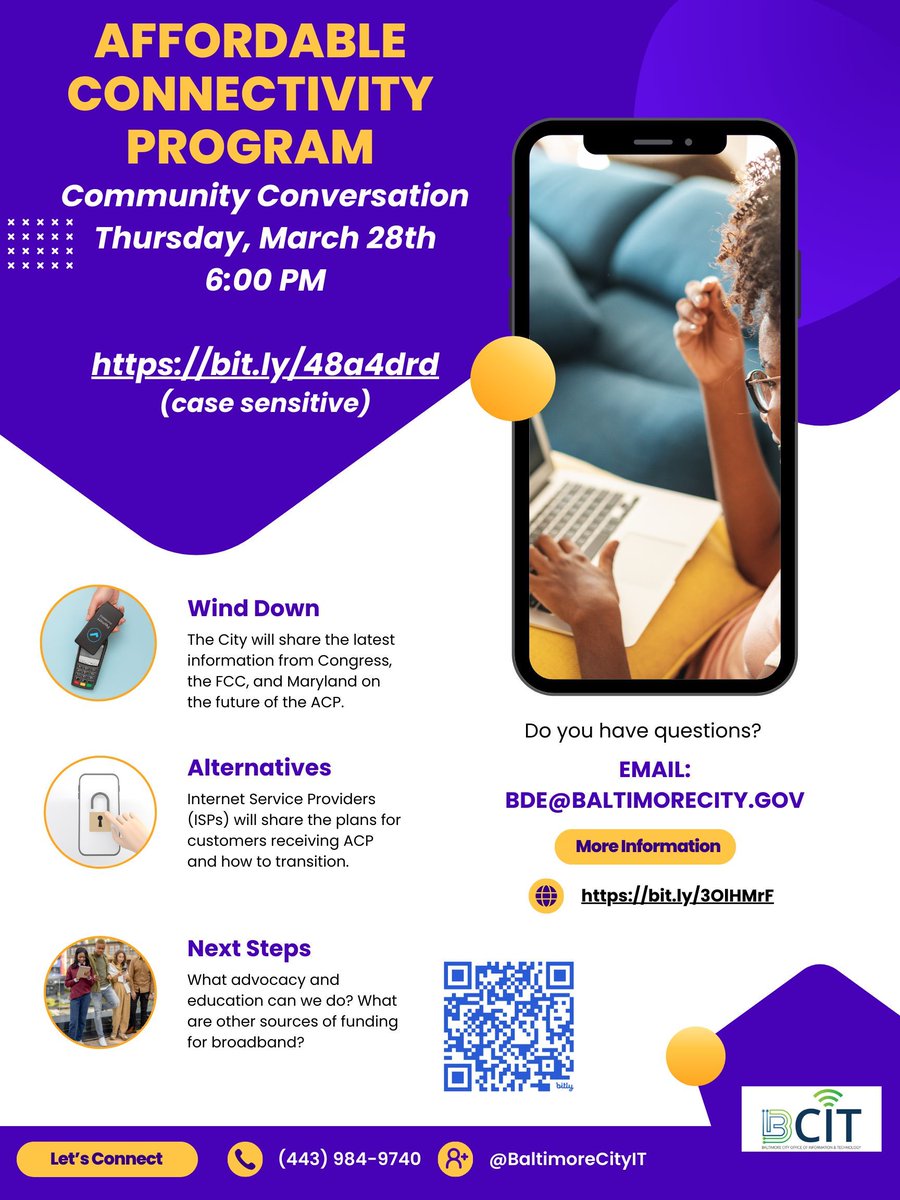 Unfortunately, the ACP stopped accepting new enrollments on February 7, 2024, and is slated to make the final payments in either April or May.  

Information and complaints buff.ly/3Vr5ZkS 
Meeting registration: buff.ly/3IY72kB 
#GringingGang #BSBNetwork #BMore