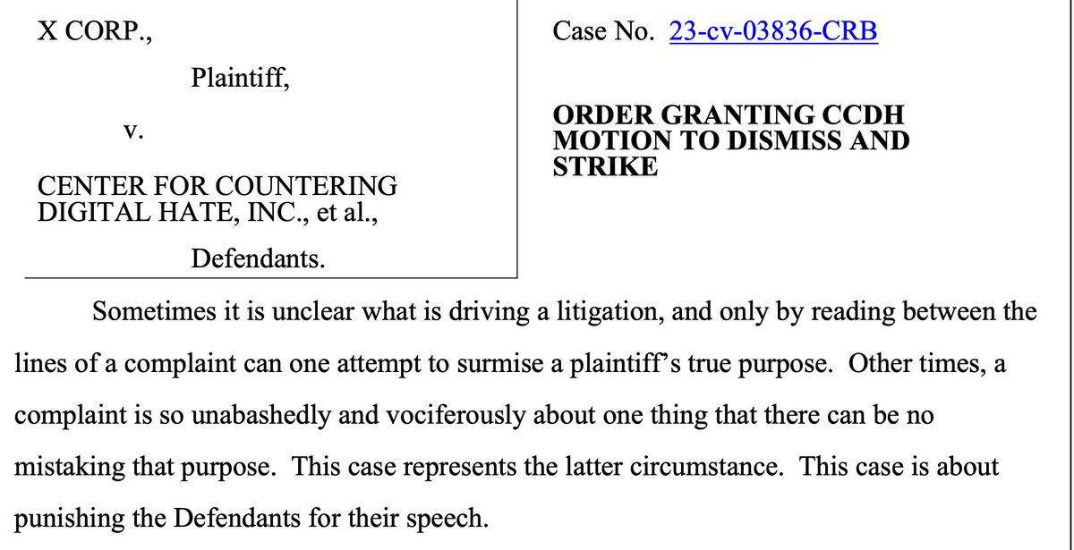 Musk's attempt to silence @CCDHate for researching hate speech on X lost in court. This opening paragraph from the judge's ruling to dismiss X's claims says it all. It was always about trying to crush the CCDH's own free speech. Ironic? More coverage here:nytimes.com/2024/03/25/tec…