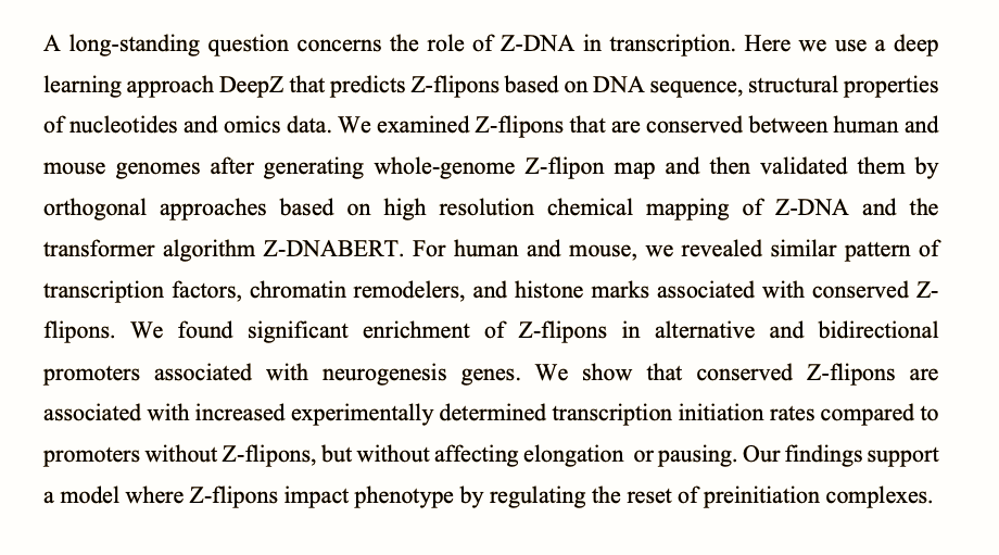 Z-DNA formation in promoters conserved between human and mouse are associated with increased transcription initiation rates Preprint posted on Research Square by Nazar Beknazarov, Dmitry Konovalov, Alan Herbert, and Maria Poptsova assets.researchsquare.com/files/rs-40185…
