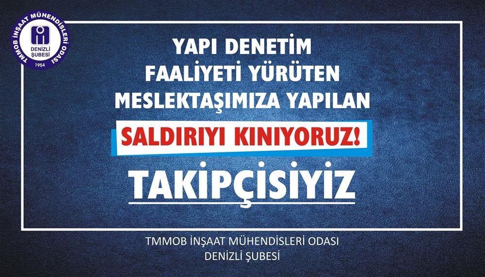 Son dönemde, özellikle yapı denetimde çalışan meslektaşlarımıza yönelik artan şiddet olaylarına bir yenisi daha eklenmiştir. Denizli’de bir meslektaşımız inşaatın müteahhidi tarafından fiziki ve sözlü şiddete maruz kalmıştır.