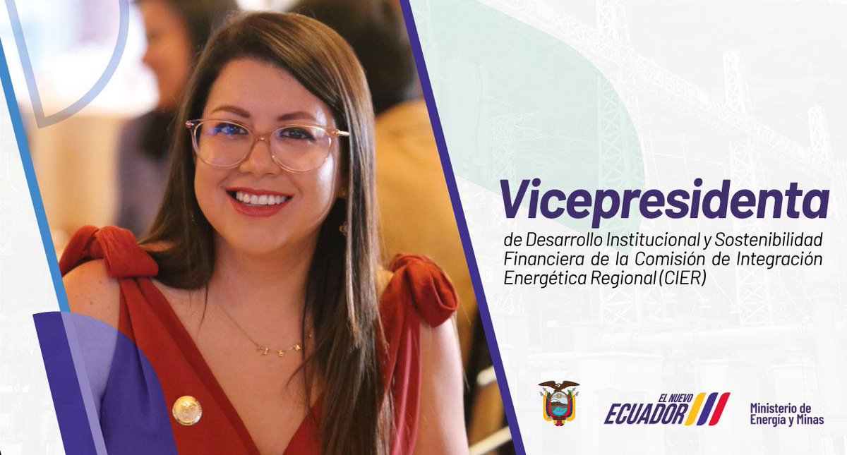 Ministerio de Energía y Minas Ecuador🇪🇨 (@recnaturalesec) on Twitter photo 😀¡BUENAS NOTICIAS!
✅La ministra <a href="/andrearrobo/">Andrea Arrobo Peña</a> fue designada como vicepresidenta de la Comisión de Integración Energética Regional <a href="/CIER_Energia/">CIER - Comisión de Integración Energética Regional</a>, organismo que promueve la interconexión en Latinoamérica.
🔶En #ElNuevoEcuador fortalecemos los procesos de cooperación internacional. 😀¡BUENAS NOTICIAS!
✅La ministra <a href="/andrearrobo/">Andrea Arrobo Peña</a> fue designada como vicepresidenta de la Comisión de Integración Energética Regional <a href="/CIER_Energia/">CIER - Comisión de Integración Energética Regional</a>, organismo que promueve la interconexión en Latinoamérica.
🔶En #ElNuevoEcuador fortalecemos los procesos de cooperación internacional.